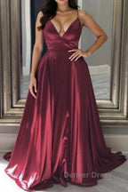 A Line V Neck Backless Burgundy Long Prom Dress, Backless Burgundy Prom Graduation Prom Dresses