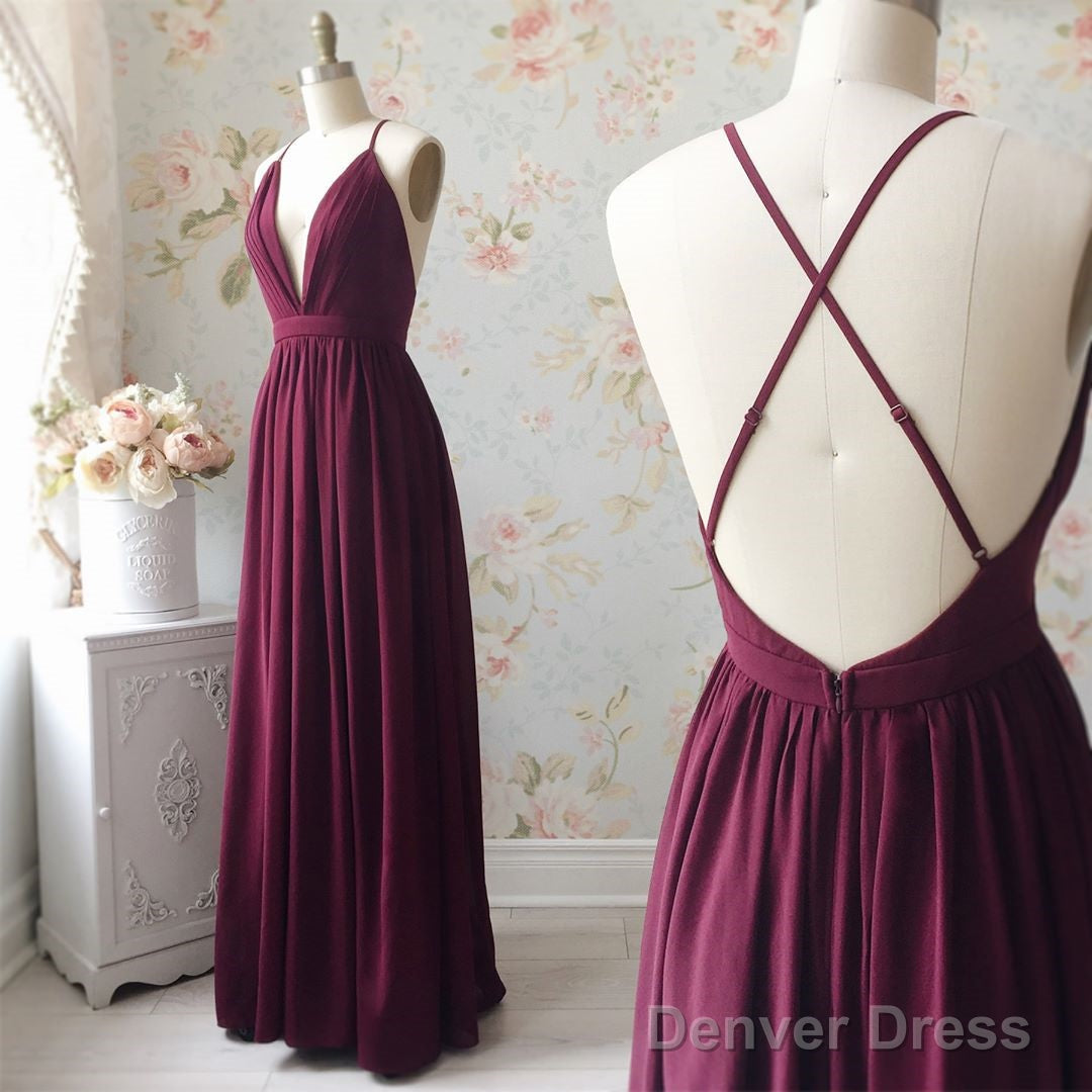 A Line V Neck Backless Burgundy Prom Dresses, V Neck Backless Burgundy