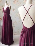 A Line V Neck Backless Burgundy Prom Dress, V Neck Backless Burgundy Prom Bridesmaid Dresses