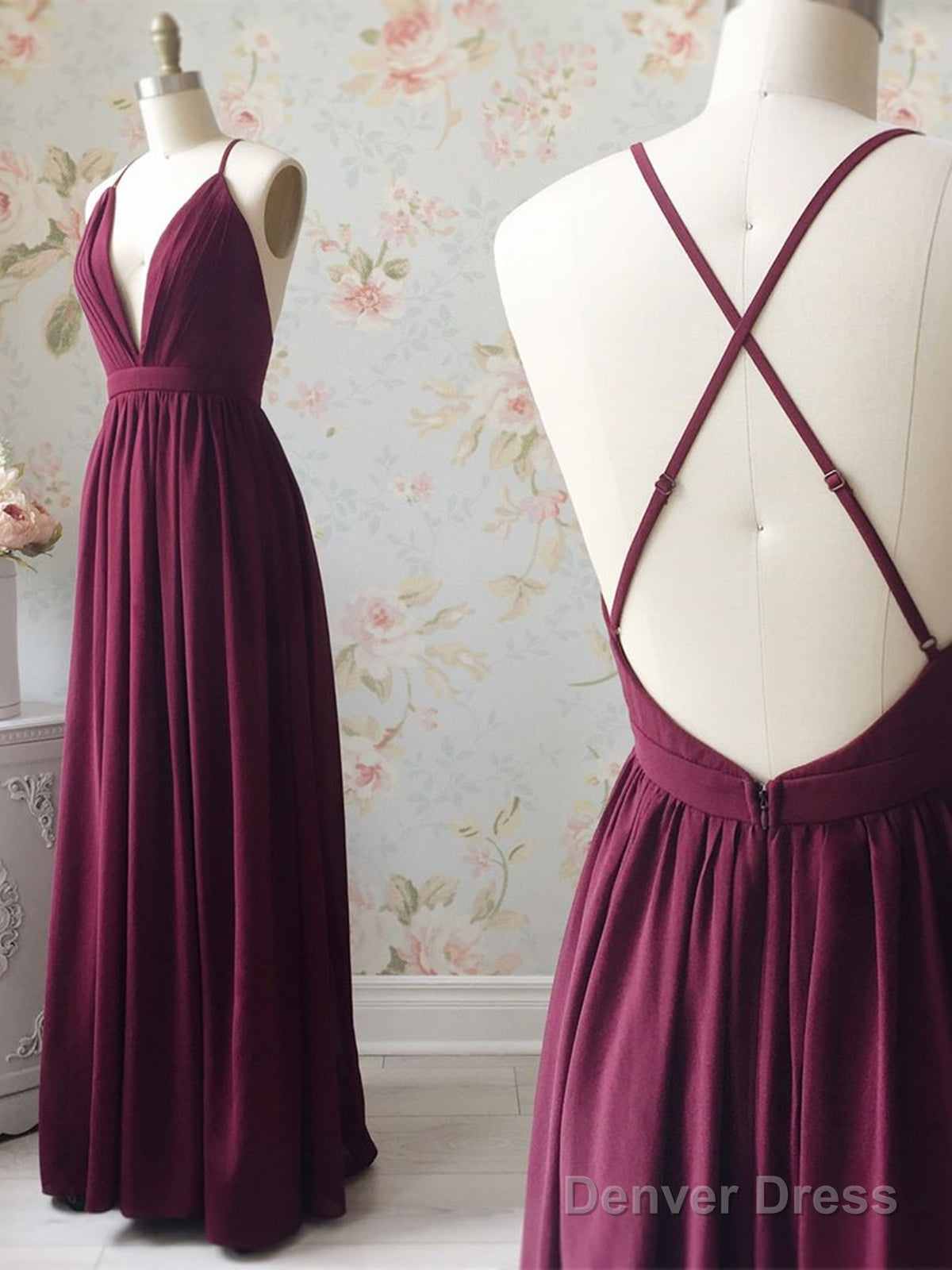 A Line V Neck Backless Burgundy Prom Dress, V Neck Backless Burgundy Prom Bridesmaid Dresses