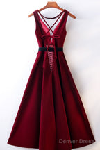 A Line V Neck Backless Burgundy Tea Length Prom Dresses, Tea Length Burgundy Backless Formal Graduation Evening Dresses