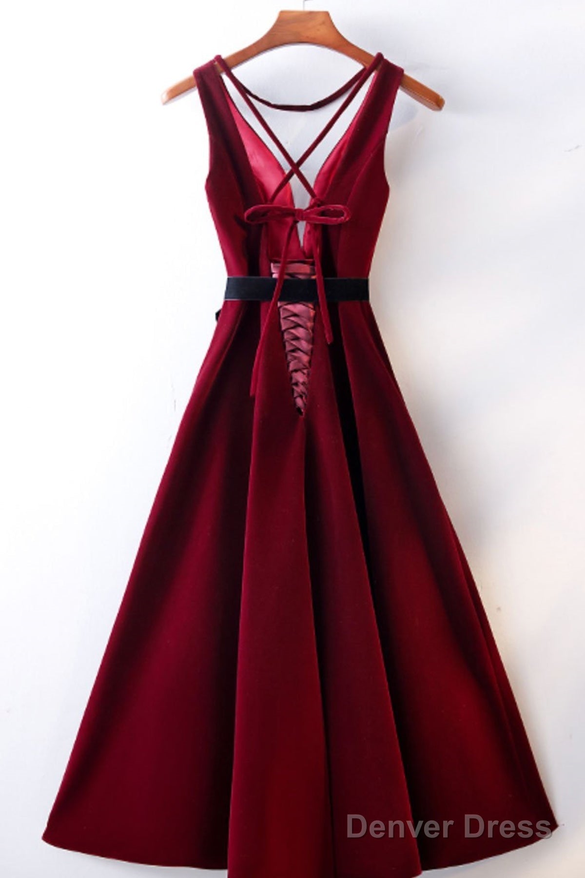 A Line V Neck Backless Burgundy Tea Length Prom Dresses, Tea Length Burgundy Backless Formal Graduation Evening Dresses