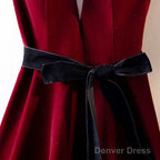 A Line V Neck Backless Burgundy Tea Length Prom Dresses, Tea Length Burgundy Backless Formal Graduation Evening Dresses