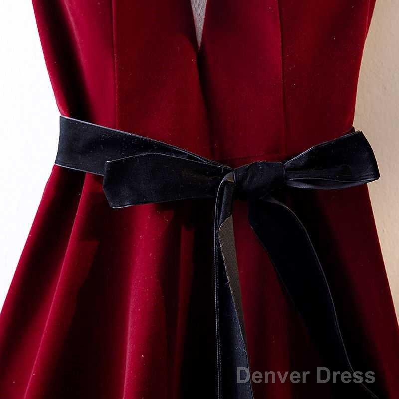 A Line V Neck Backless Burgundy Tea Length Prom Dresses, Tea Length Burgundy Backless Formal Graduation Evening Dresses