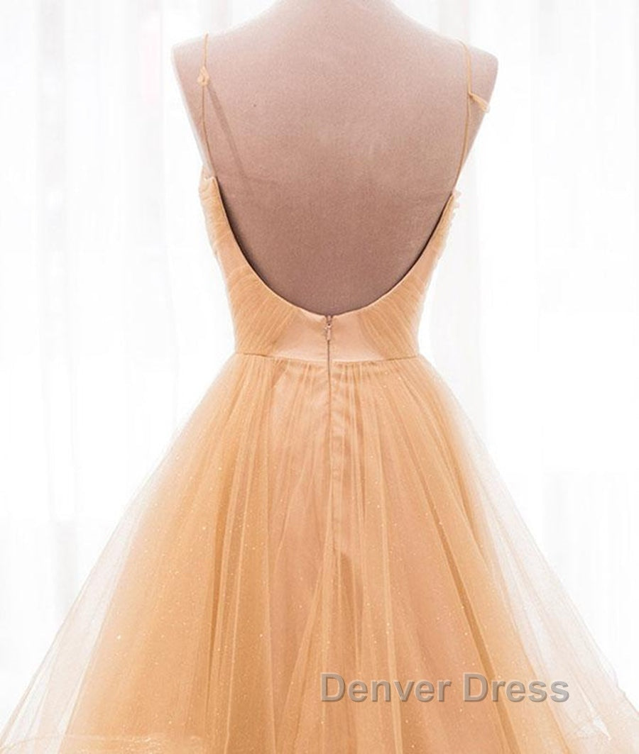 A Line V Neck Backless Champagne Long Prom Dress, V Neck Champagne Prom Dress, Champagne Prom Dresses Main image