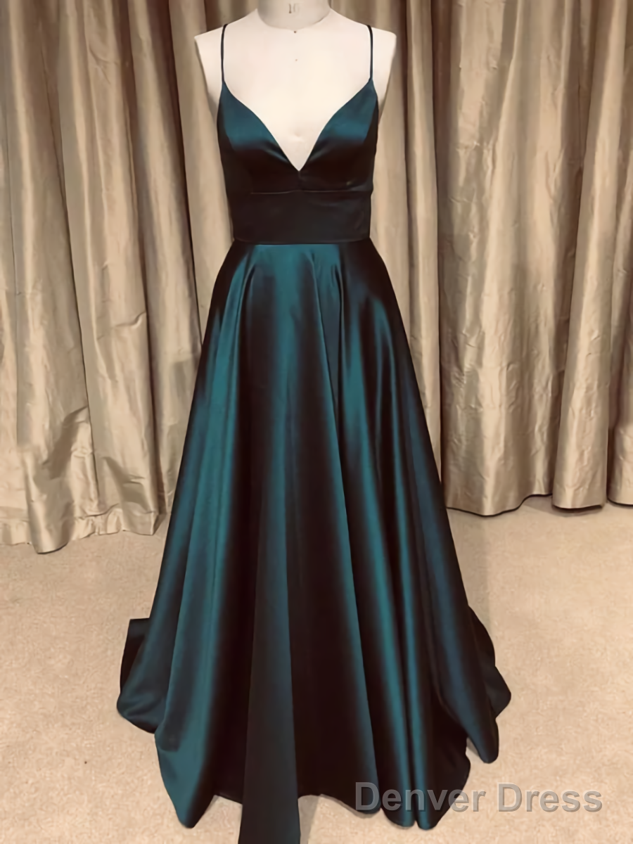 A Line V Neck Backless Dark Green Long Prom Dresses