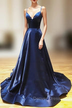 A Line V Neck Backless Dark Navy Blue Prom Dresses, Open Back Navy Blue Formal Evening Dresses