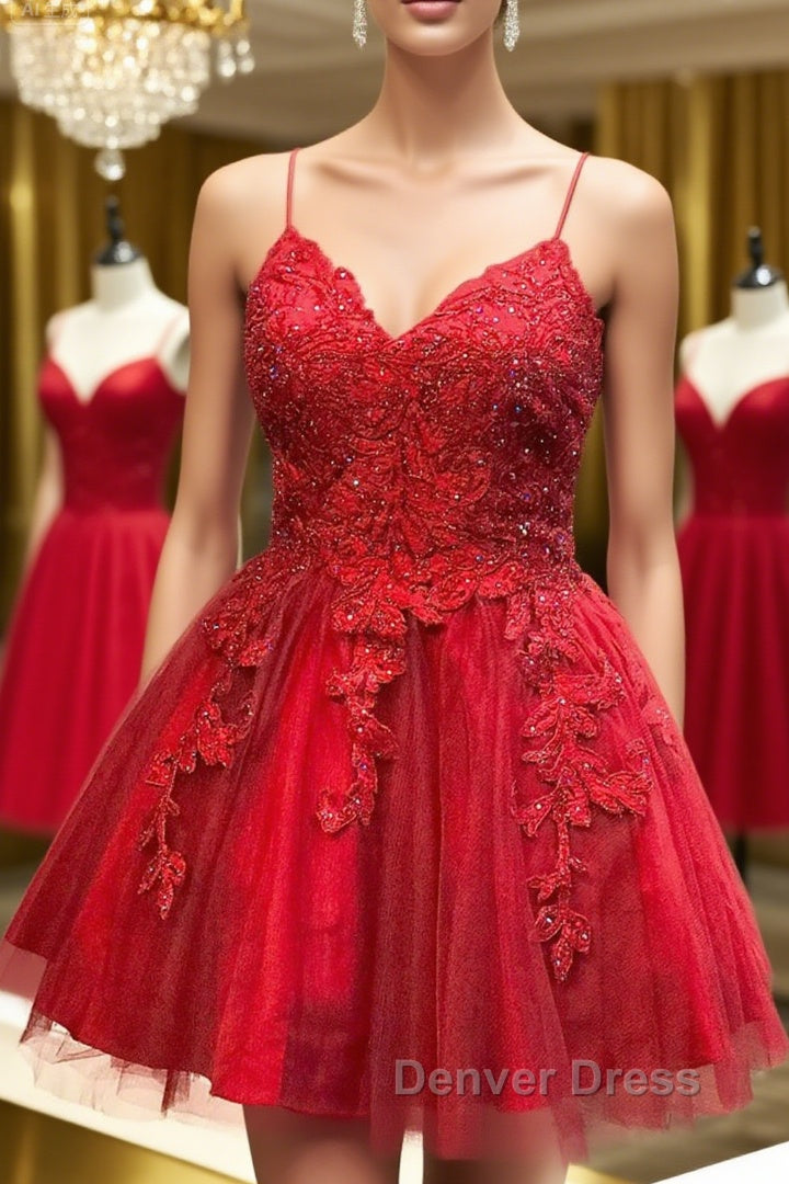 A Line V Neck Backless Lace Red Short Prom Dress Homecoming Dress, Backless Red Lace Prom Graduation Prom Dresses Main image