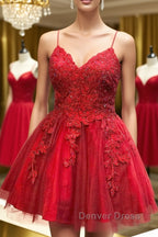 A Line V Neck Backless Lace Red Short Prom Dress Homecoming Dress, Backless Red Lace Prom Graduation Prom Dresses