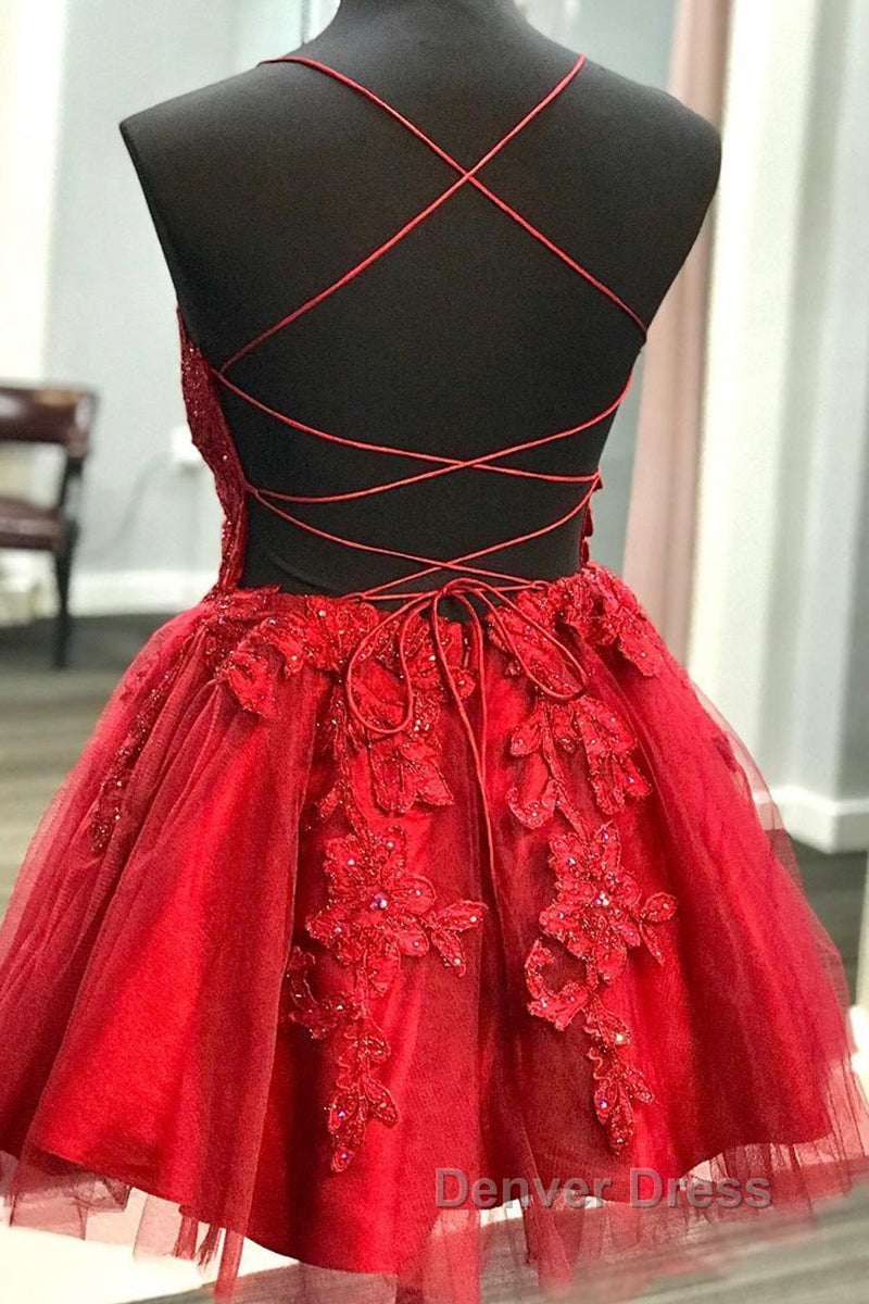 A Line V Neck Backless Lace Red Short Prom Dress Homecoming Dress, Backless Red Lace Prom Graduation Prom Dresses Secondary image