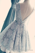 A-Line V-Neck Backless Light Blue Lace Homecoming Dress With Belt