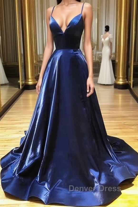 A Line V Neck Backless Navy Blue Prom Dress, Open Back Navy Blue Prom Dresses