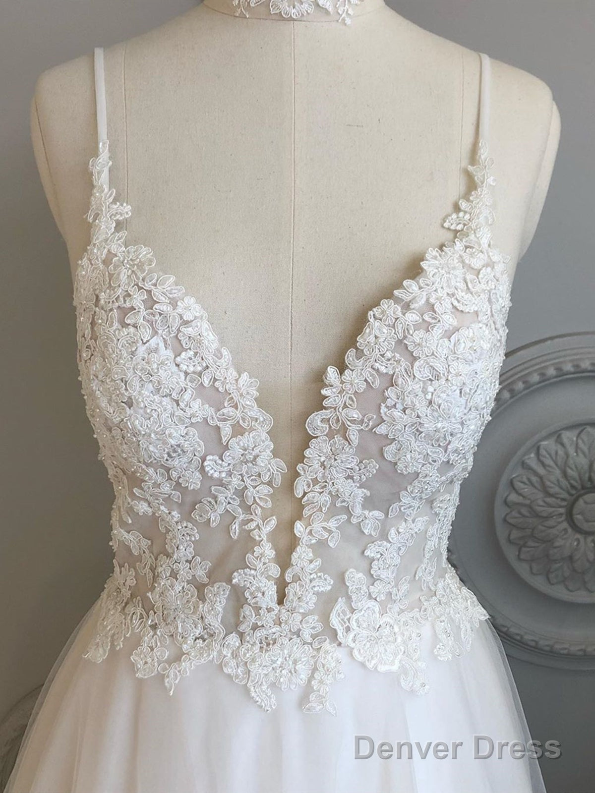 A Line V Neck Backless White Lace Prom Dress, Backless White Lace Wedding Dress, Lace Bridesmaid Dresses Main image
