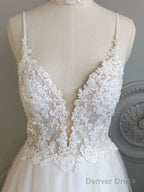 A Line V Neck Backless White Lace Prom Dress, Backless White Lace Wedding Dress, Lace Bridesmaid Dresses