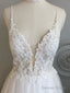 A Line V Neck Backless White Lace Prom Dress, Backless White Lace Wedding Dress, Lace Bridesmaid Dresses