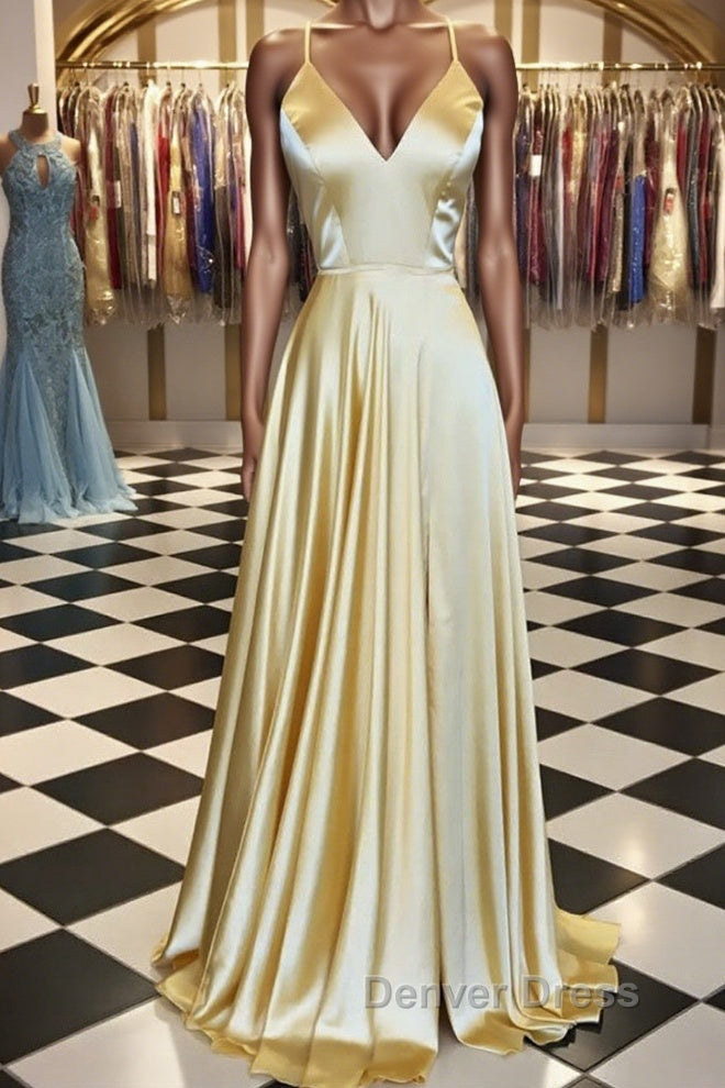 A Line V Neck Backless Yellow Satin Long Prom Dress, Yellow Backless Prom Dress, Yellow Prom Dresses Main image