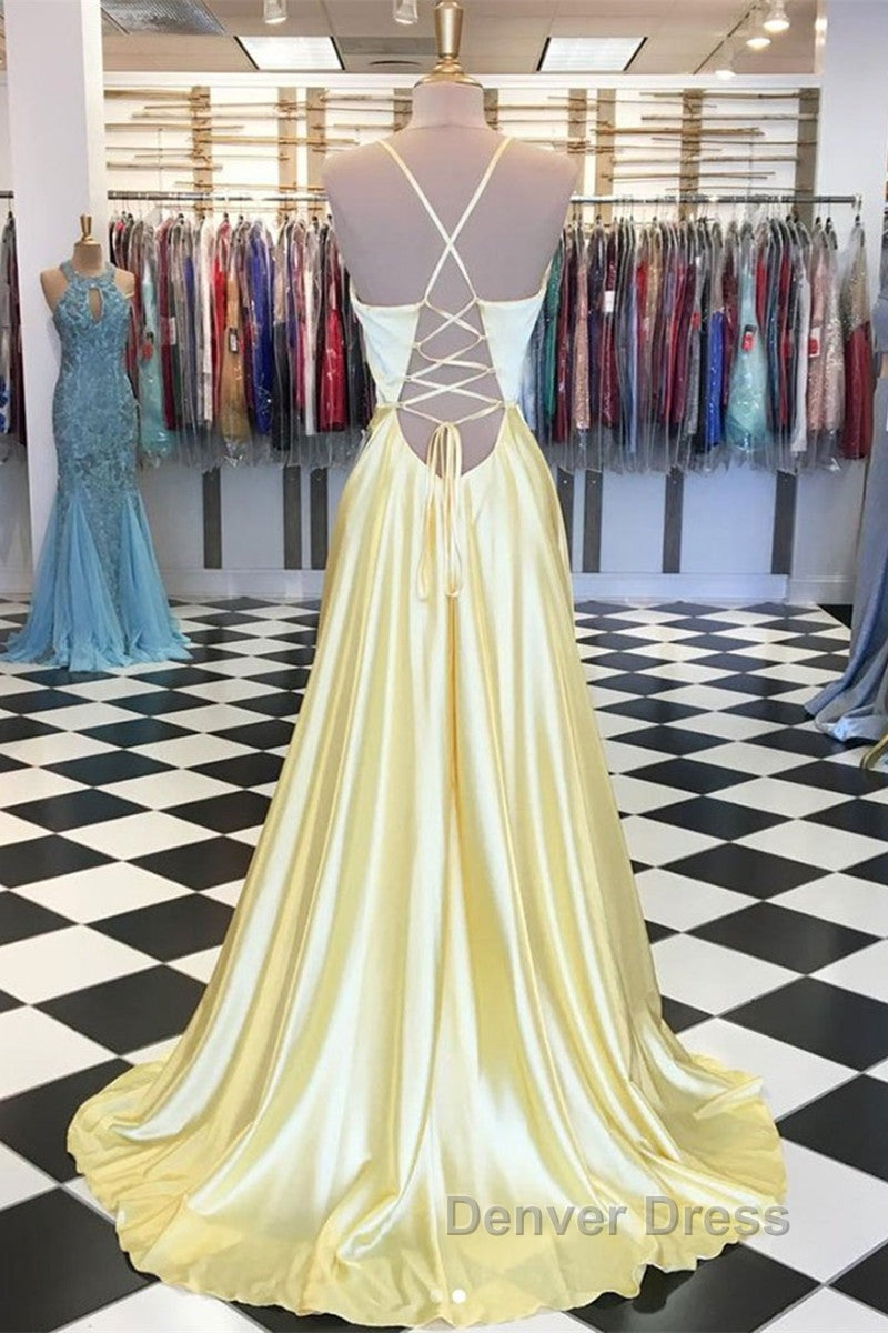 A Line V Neck Backless Yellow Satin Long Prom Dress, Yellow Backless Prom Dress, Yellow Prom Dresses Secondary image