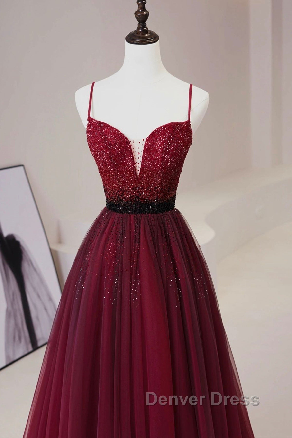 A Line V Neck Beaded Burgundy Tulle Long Prom Dress, Beaded Burgundy Prom Graduation Prom Dresses Secondary image