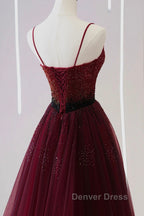 A Line V Neck Beaded Burgundy Tulle Long Prom Dress, Beaded Burgundy Prom Graduation Prom Dresses