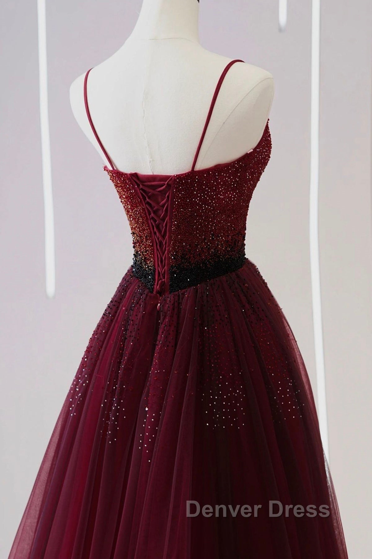 A Line V Neck Beaded Burgundy Tulle Long Prom Dress, Beaded Burgundy Prom Graduation Prom Dresses