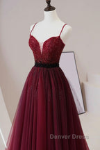 A Line V Neck Beaded Burgundy Tulle Long Prom Dress, Beaded Burgundy Prom Graduation Prom Dresses