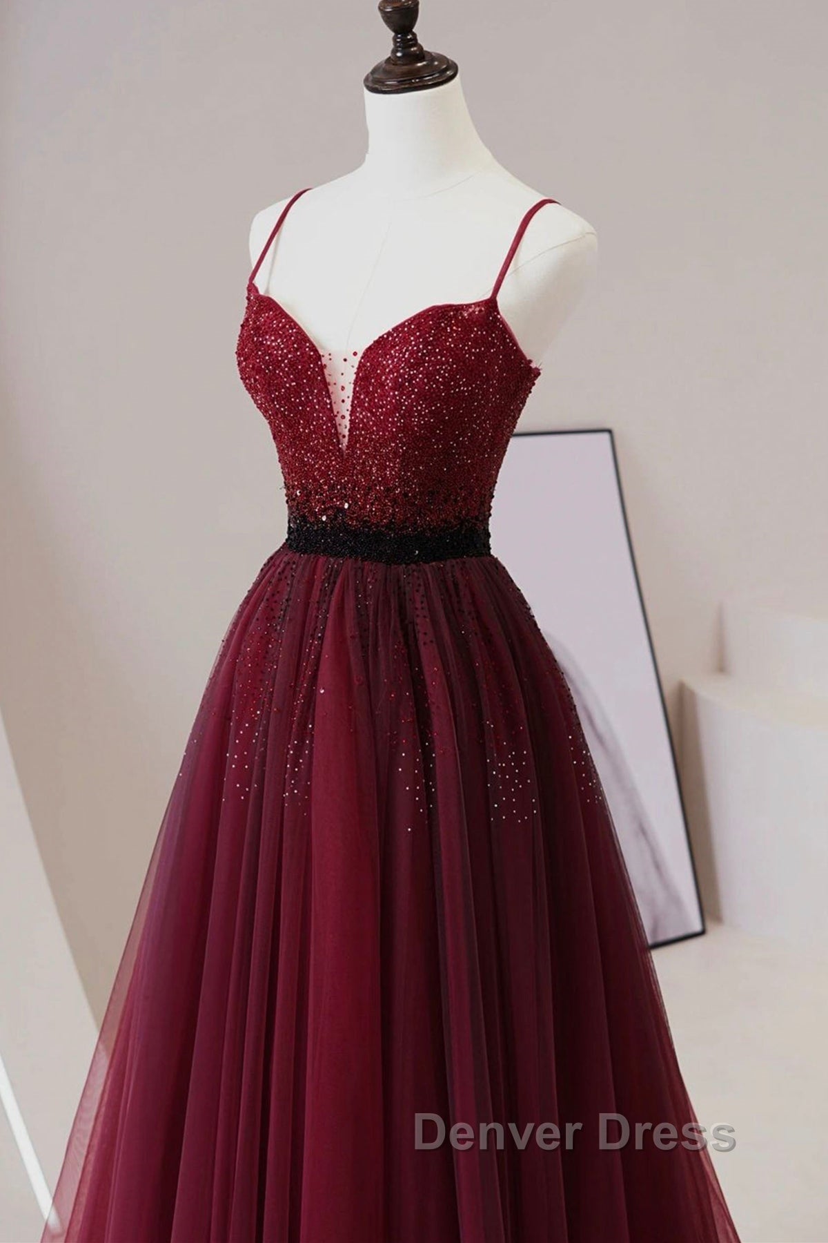 A Line V Neck Beaded Burgundy Tulle Long Prom Dress, Beaded Burgundy Prom Graduation Prom Dresses