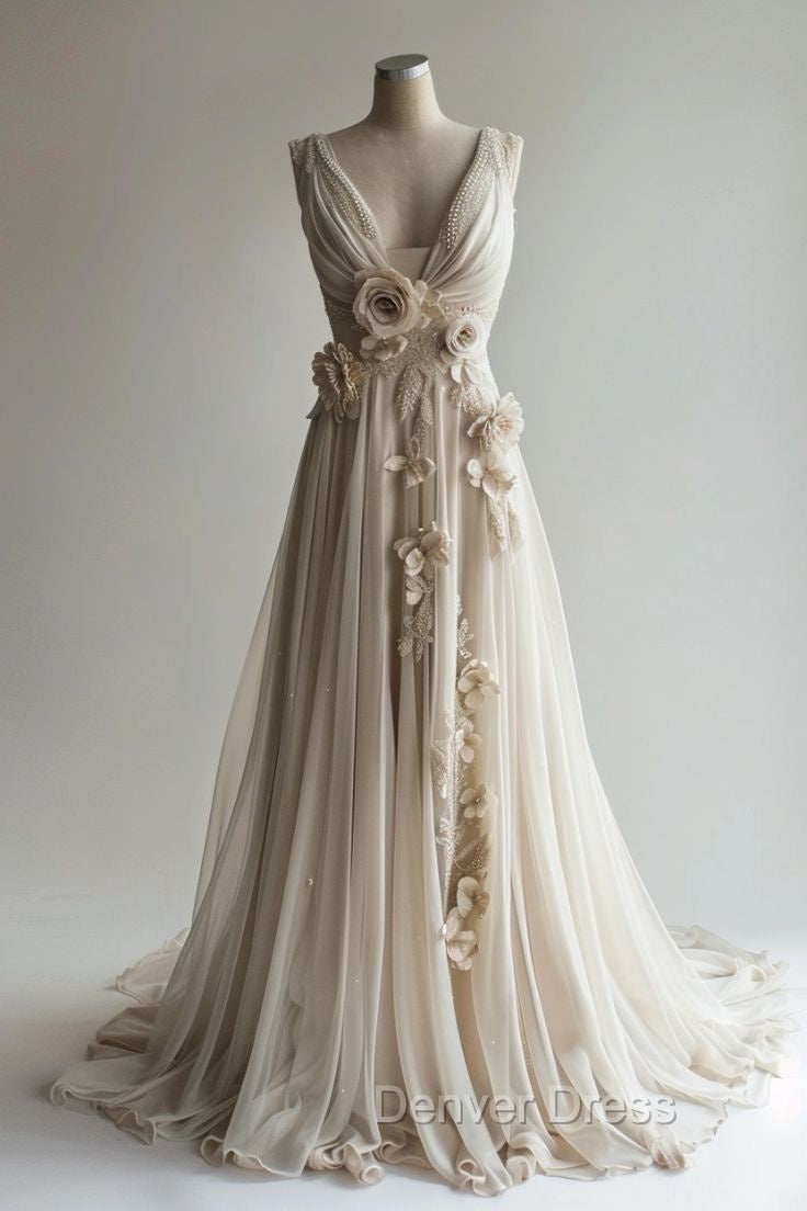 A-Line V-Neck Beaded Chiffon Long Prom Dresses, Vintage Applique Wedding Dresses
