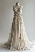 A Line V Neck Beaded Chiffon Long Prom Dress, Vintage Applique Wedding Dresses