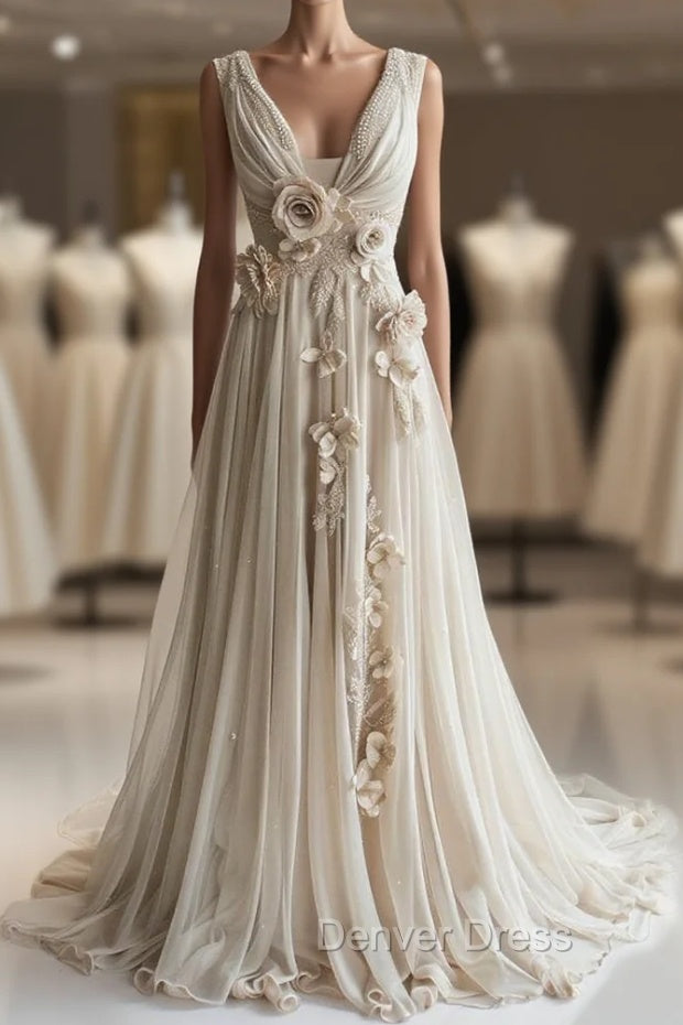 A-Line V-Neck Beaded Chiffon Long Prom Dresses, Vintage Applique Wedding Dresses Main image