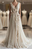A-Line V-Neck Beaded Chiffon Long Prom Dresses, Vintage Applique Wedding Dresses