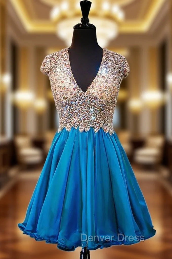 A Line V Neck Beaded Crystals Backless Blue Homecoming Dresses Main image