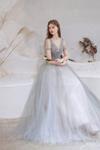 A Line V Neck Beaded Floor Length Prom Dresses With Short Sleeves