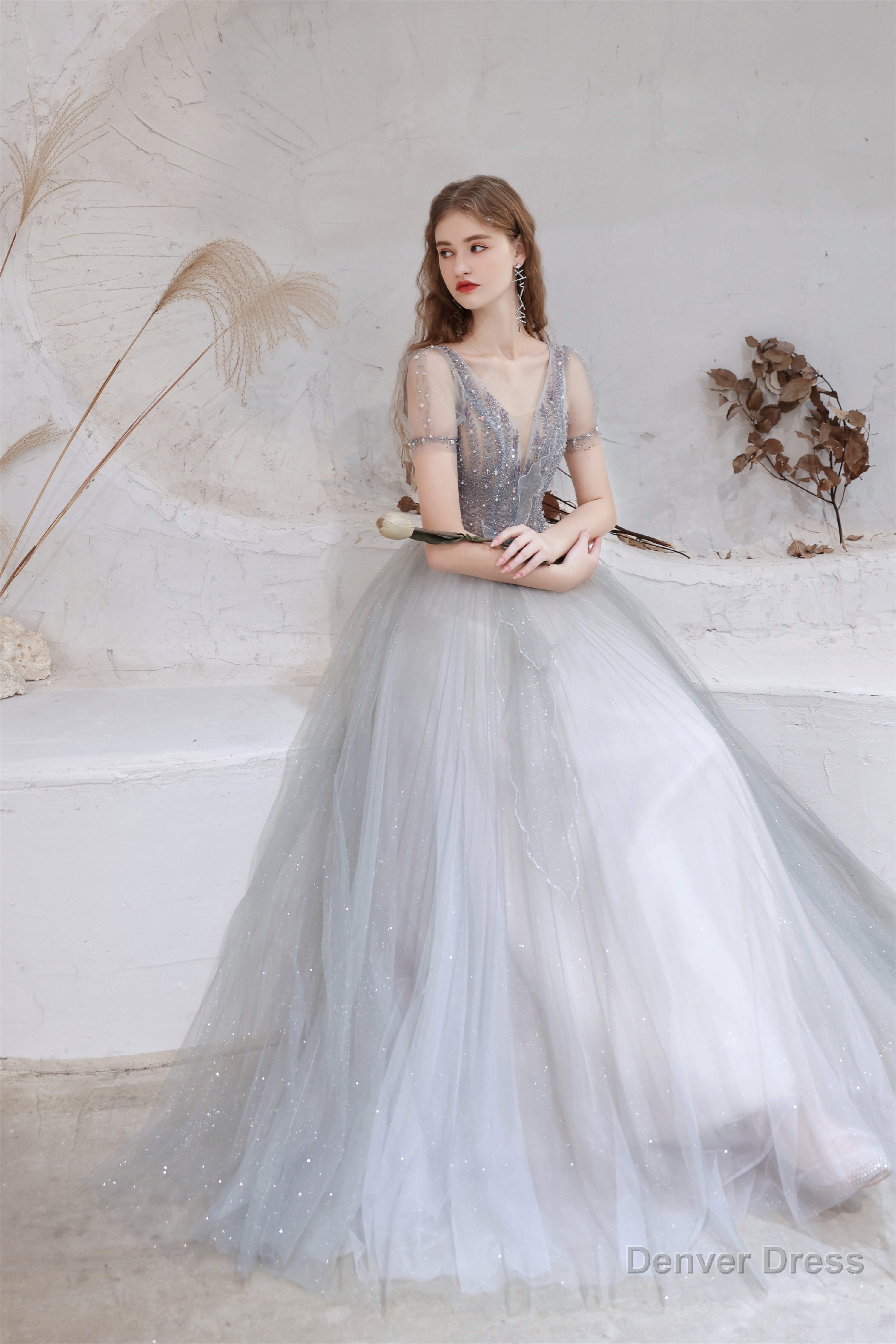 A Line V Neck Beaded Floor Length Prom Dresses With Short Sleeves