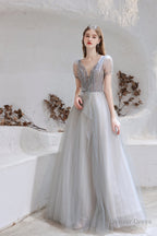 A Line V Neck Beaded Floor Length Prom Dresses With Short Sleeves