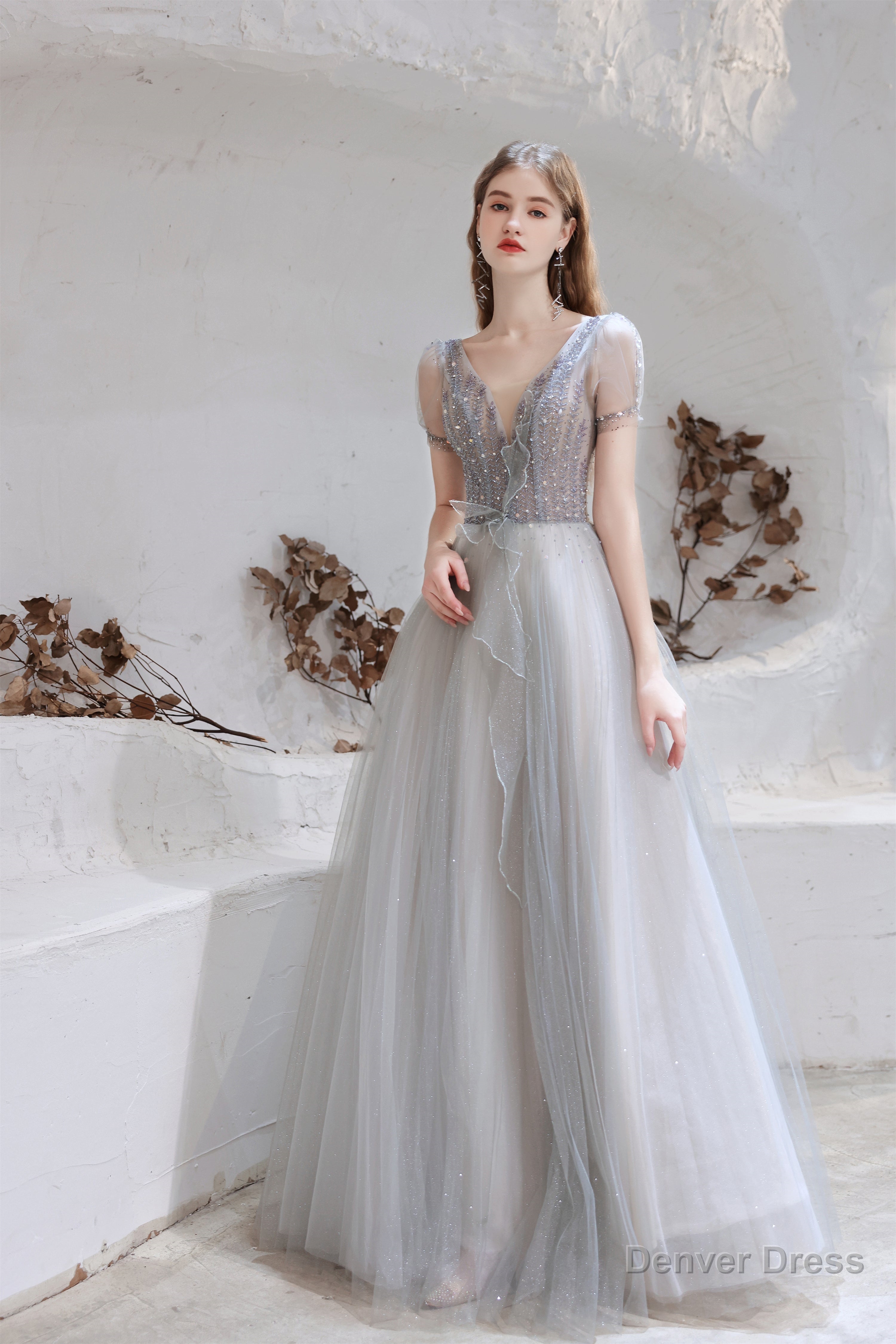 A Line V Neck Beaded Floor Length Prom Dresses With Short Sleeves