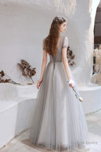 A Line V Neck Beaded Floor Length Prom Dresses With Short Sleeves