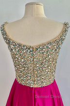 A Line V Neck Beaded Fuchsia Long Prom Dress, V Neck Fuchsia Prom Dress, Beaded Fuchsia Prom Dresses