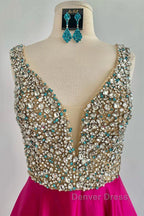 A Line V Neck Beaded Fuchsia Long Prom Dress, V Neck Fuchsia Prom Dress, Beaded Fuchsia Prom Dresses