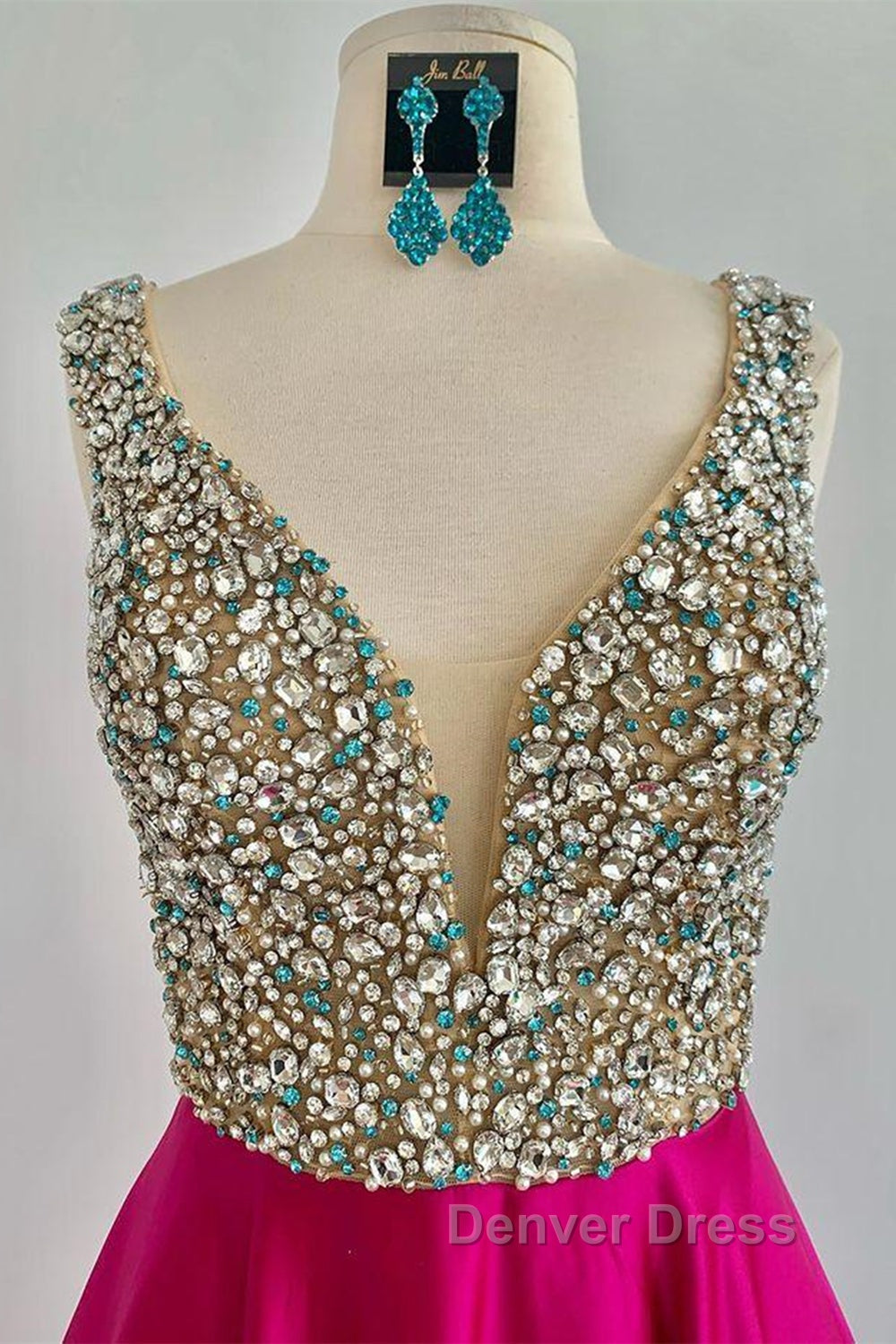 A Line V Neck Beaded Fuchsia Long Prom Dress, V Neck Fuchsia Prom Dress, Beaded Fuchsia Prom Dresses
