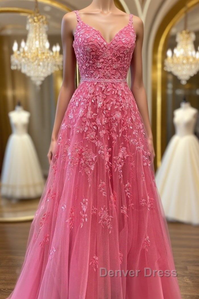 A Line V Neck Beaded Hot Pink Lace Long Prom Dress, Hot Pink Lace Prom Graduation Prom Dresses