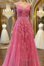 A Line V Neck Beaded Hot Pink Lace Long Prom Dress, Hot Pink Lace Prom Graduation Prom Dresses