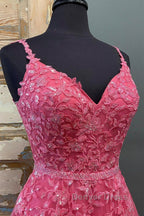 A Line V Neck Beaded Hot Pink Lace Long Prom Dress, Hot Pink Lace Prom Graduation Prom Dresses