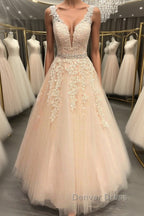 A Line V Neck Beaded Pink Lace Long Prom Dress, V Neck Pink Lace Prom Dress, Pink Lace Prom Dresses