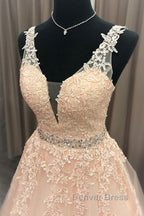 A Line V Neck Beaded Pink Lace Long Prom Dress, V Neck Pink Lace Prom Dress, Pink Lace Prom Dresses