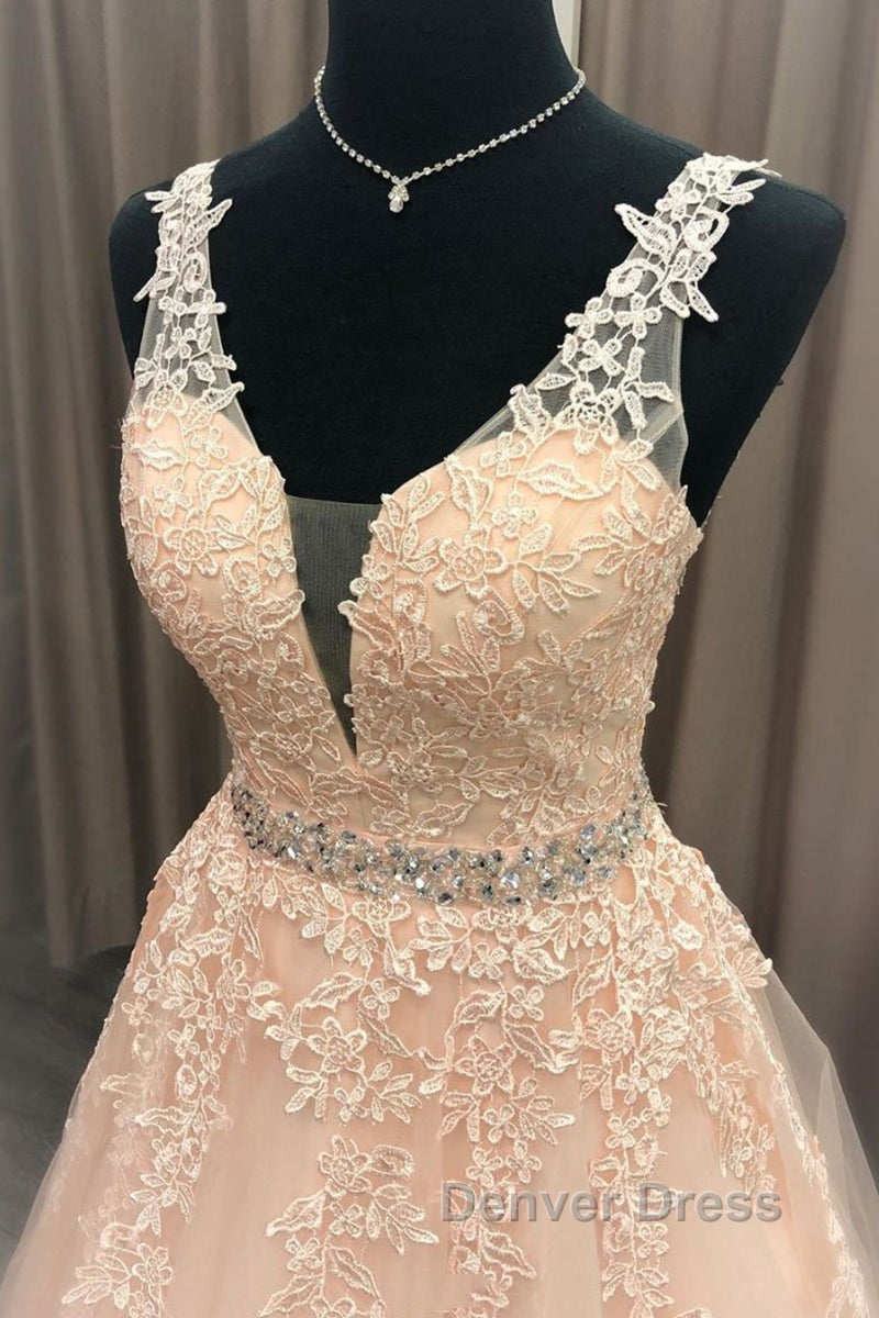 A Line V Neck Beaded Pink Lace Long Prom Dress, V Neck Pink Lace Prom Dress, Pink Lace Prom Dresses
