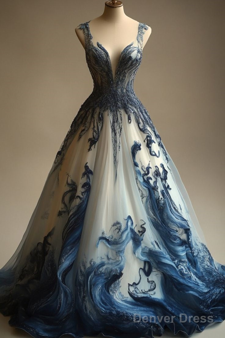 A-Line V-Neck Beaded Tulle Long Prom Dress