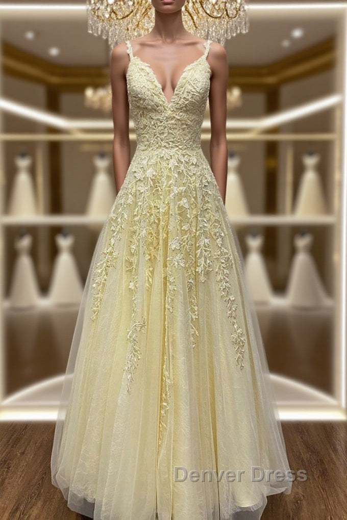 A Line V Neck Beaded Yellow Lace Tulle Long Prom Dress, Yellow Lace Prom Dress, Beaded Yellow Prom Dresses