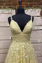A Line V Neck Beaded Yellow Lace Tulle Long Prom Dress, Yellow Lace Prom Dress, Beaded Yellow Prom Dresses
