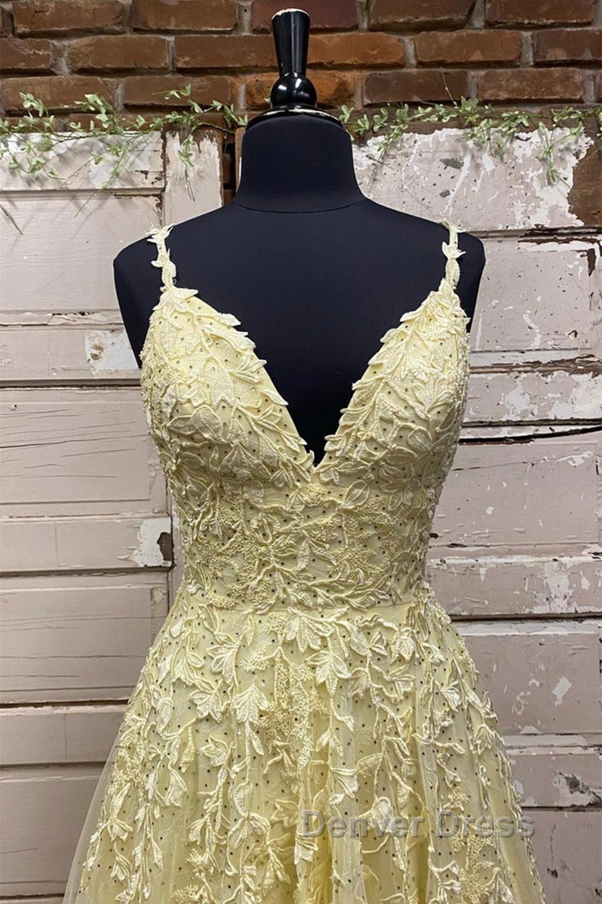 A Line V Neck Beaded Yellow Lace Tulle Long Prom Dress, Yellow Lace Prom Dress, Beaded Yellow Prom Dresses