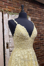 A Line V Neck Beaded Yellow Lace Tulle Long Prom Dress, Yellow Lace Prom Dress, Beaded Yellow Prom Dresses